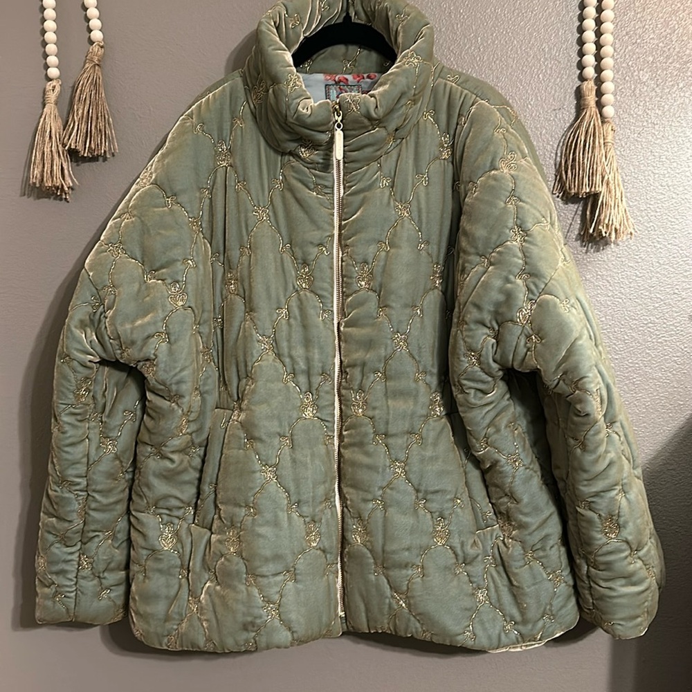 Johnny Was Zaelia Lux Quilted Velvet Puffer Mint Green Coat Gold Trim